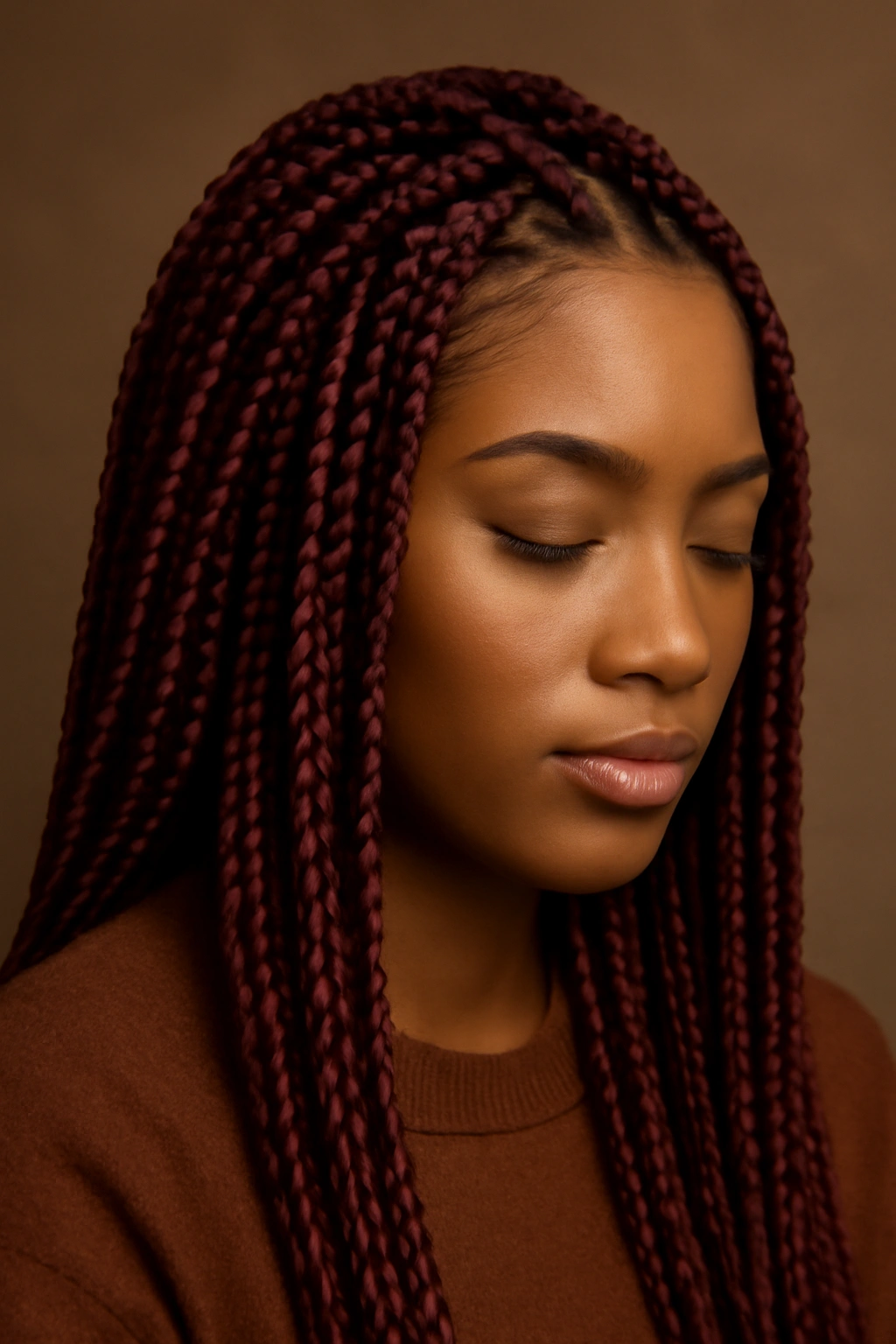 Box braids in burgundy wine tones with rich color