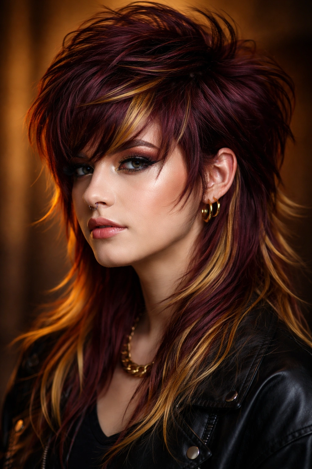 12 Colorful Mullet Haircuts To Inspire Your Next Cut 8 Close-up of burgundy mullet with gold accents under warm studio lighting