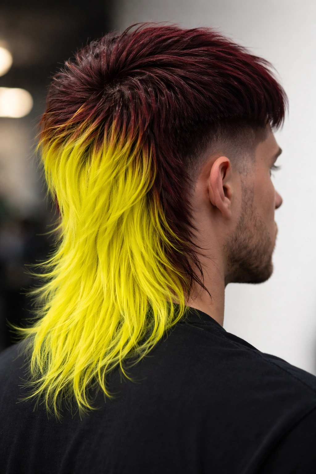 12 Dyed Mullet Haircuts Full Of Personality 2 Profile view of a mullet with burgundy fade and neon yellow back