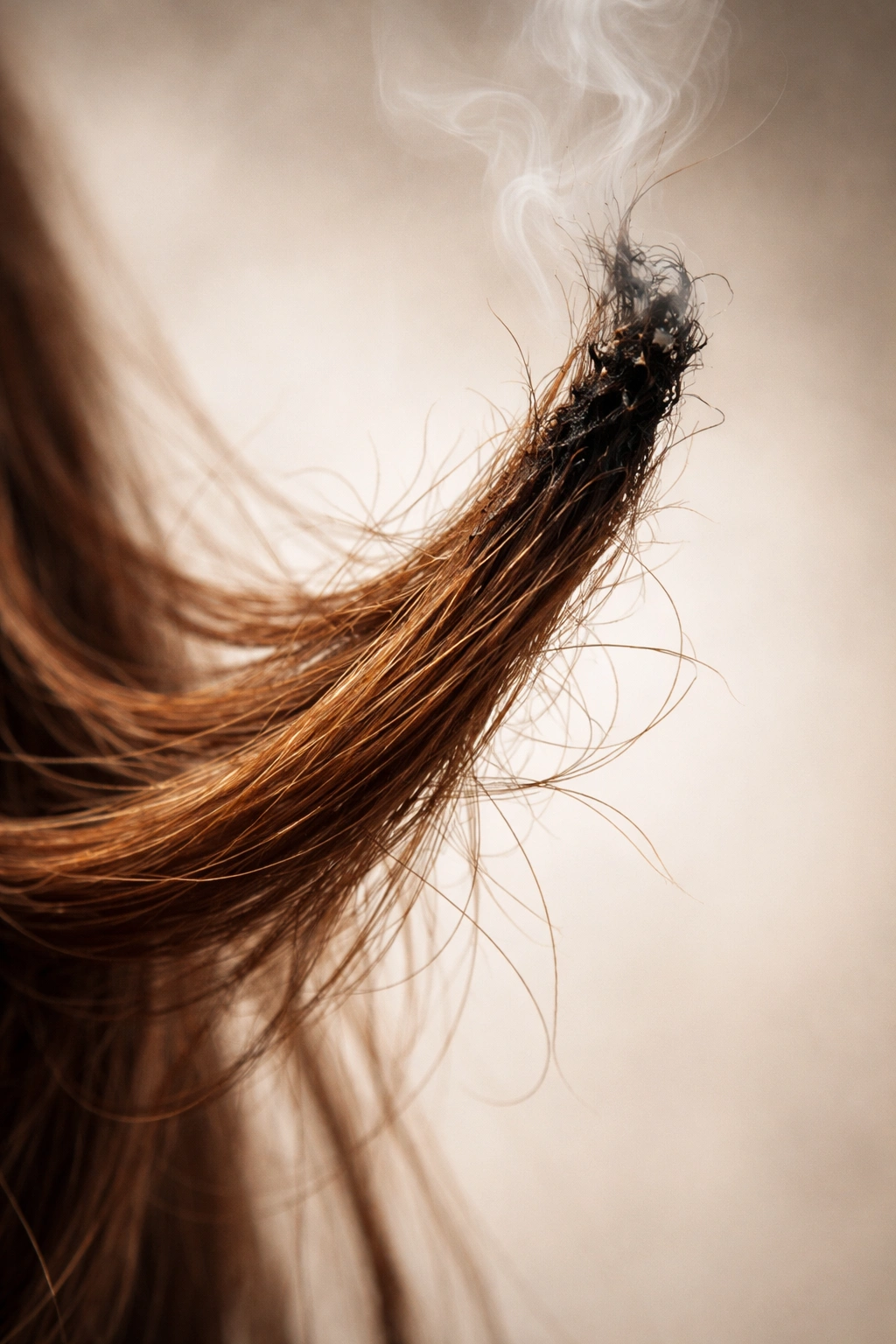 Burnt hair strand showing damage and frizz