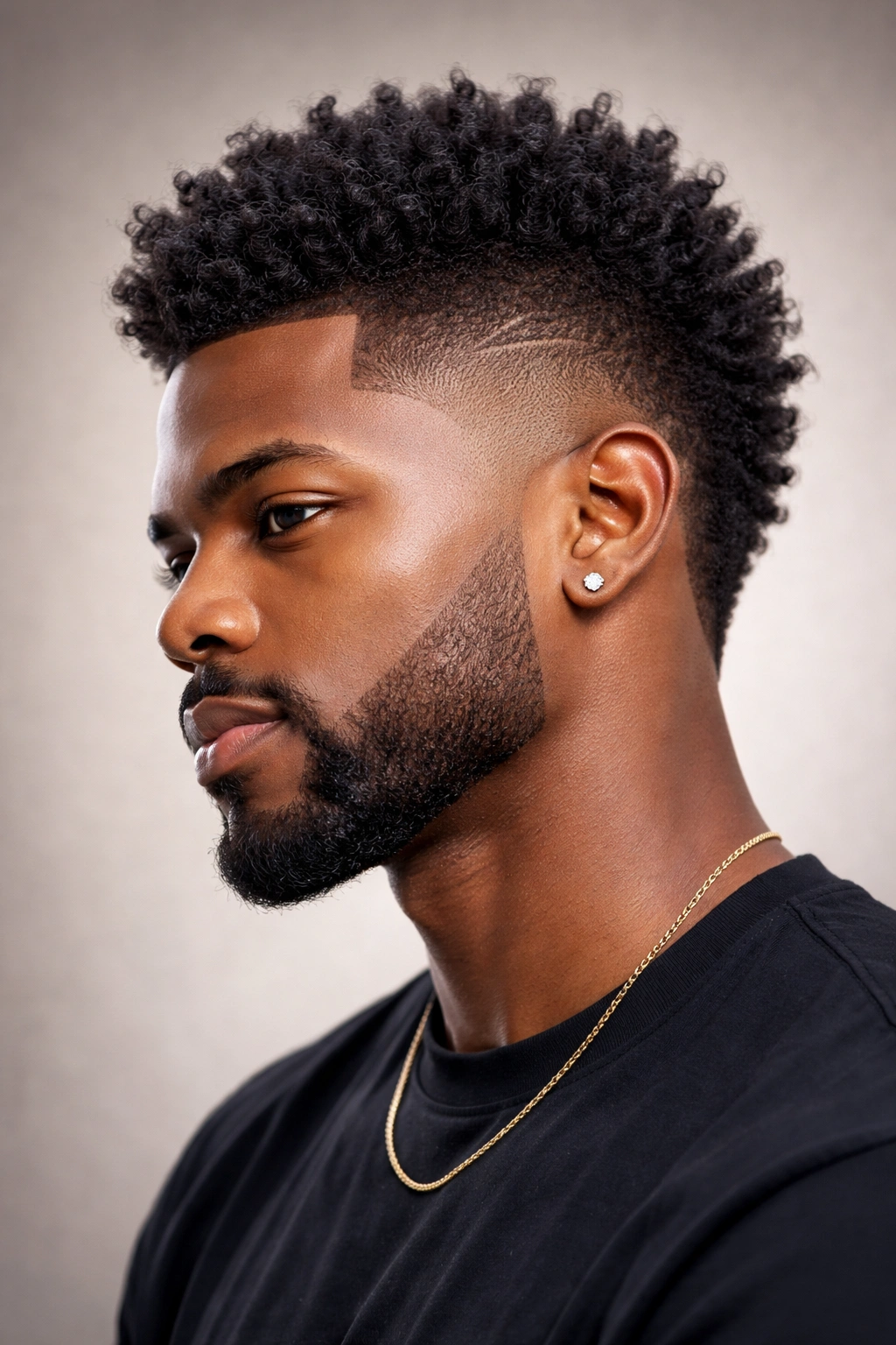 Portrait of a Black man with a burst fade mohawk and sunburst sides.