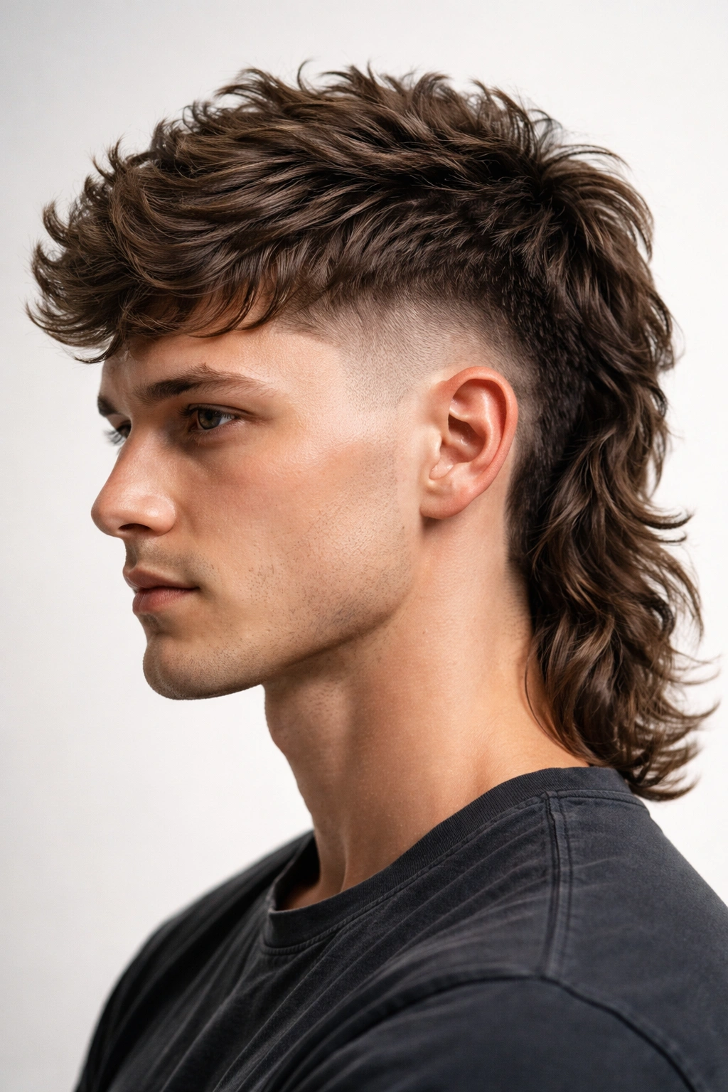 Portrait of a burst fade mullet with curved fade around the ears