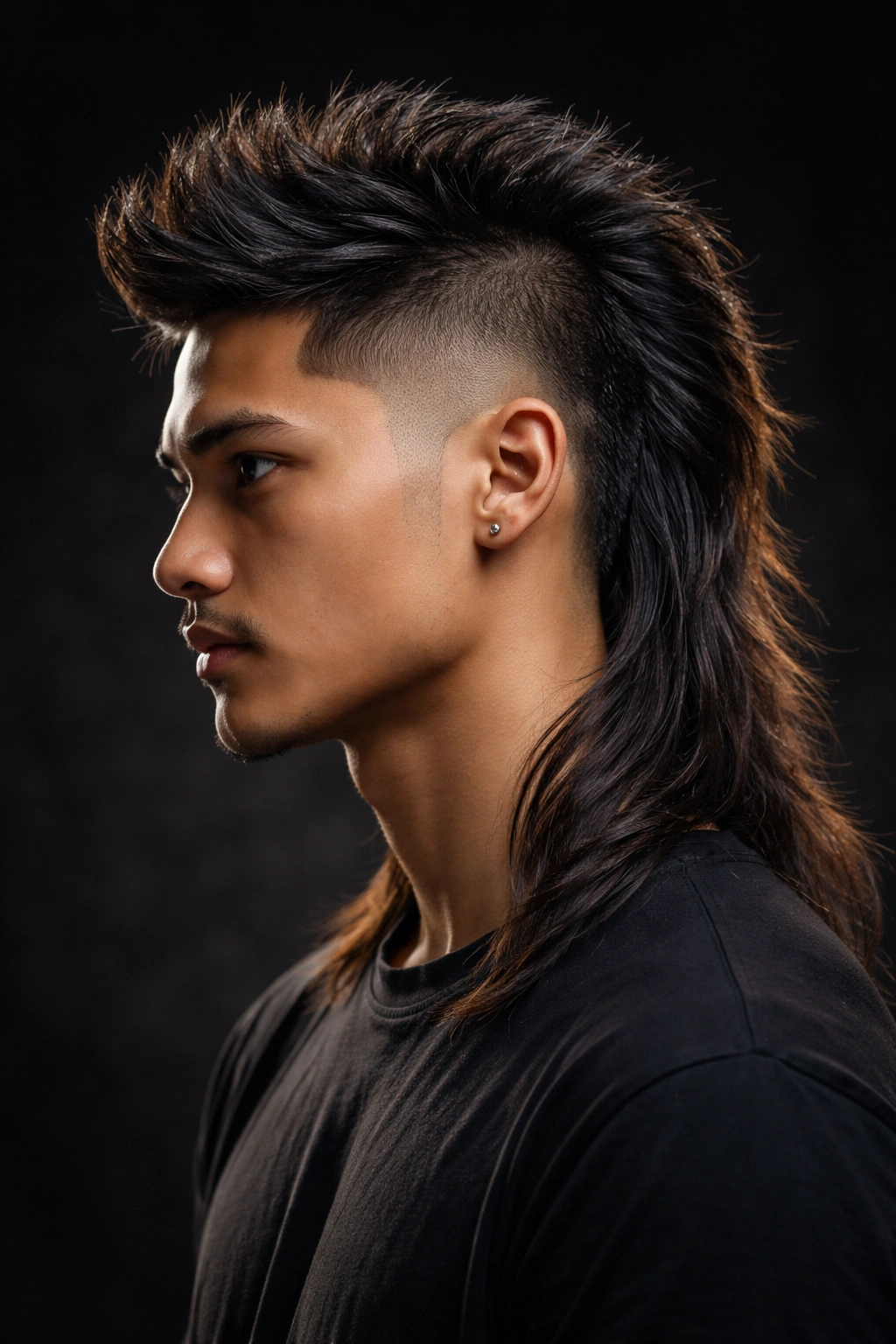 Portrait of a man with burst fade mullet and long back hair