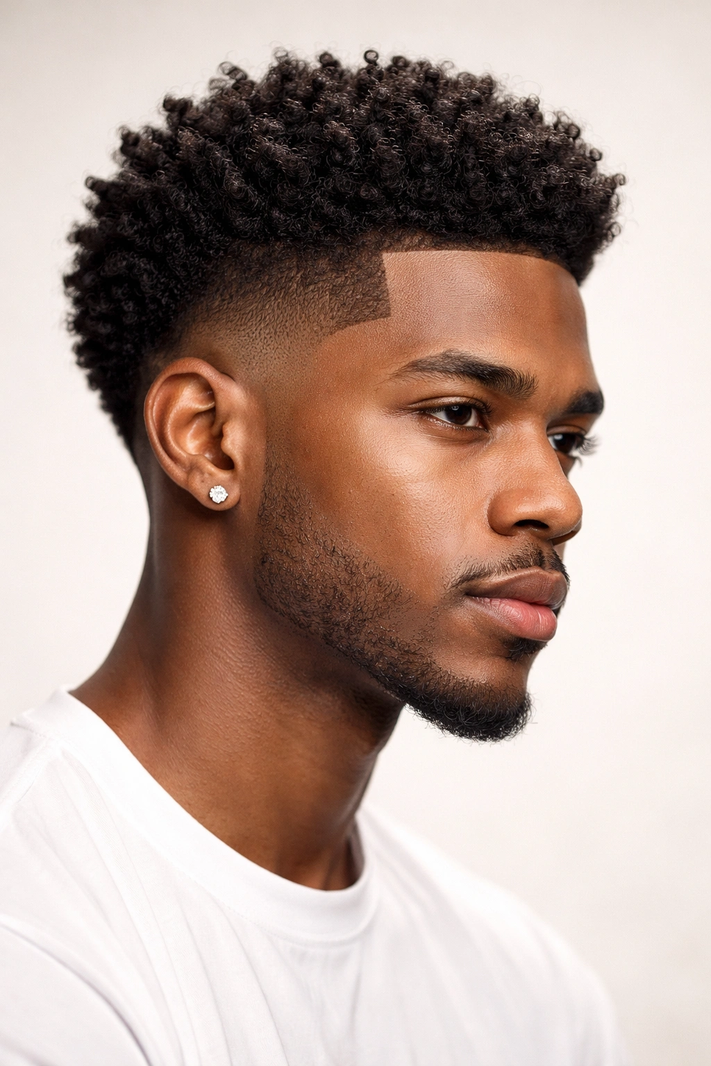 Black man with burst fade around ears and central top