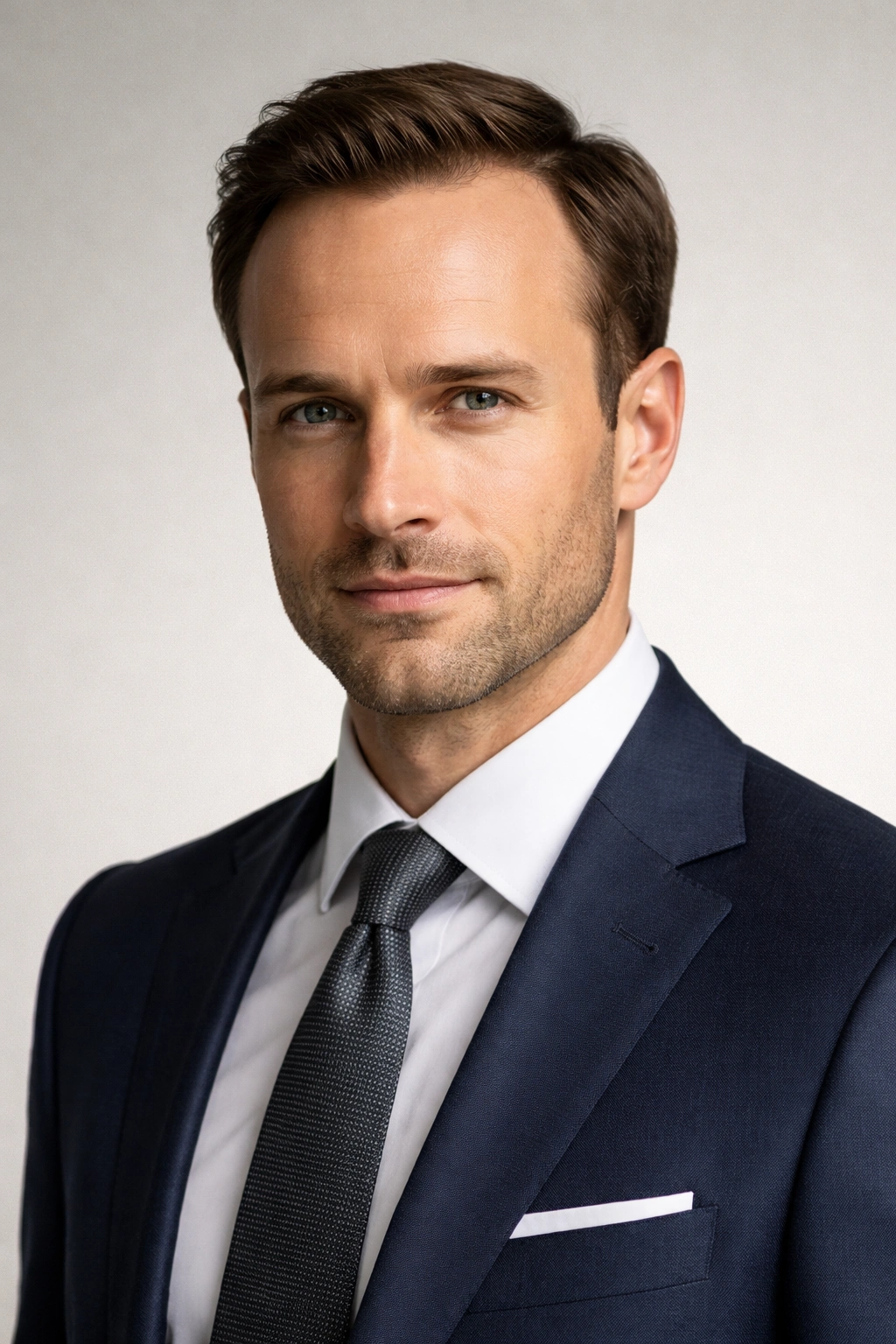 Portrait of a man with The Business Cut: neat medium-length hair with tapered sides, suitable for receding hairlines.