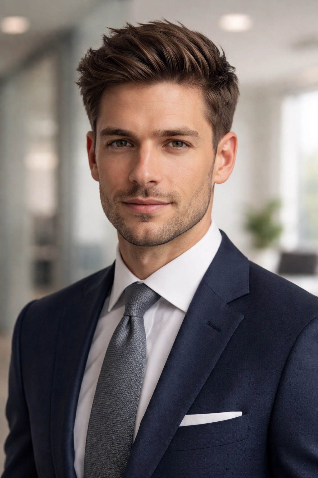 Professional man with conservative taper haircut and subtle texture in a clean office setting