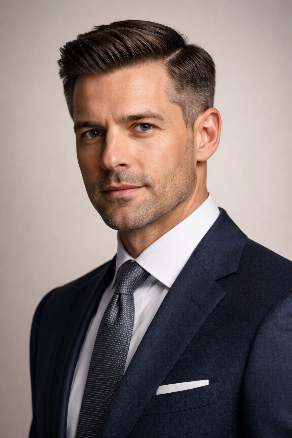 Close-up of a man with a clean businessman cut and subtle side part