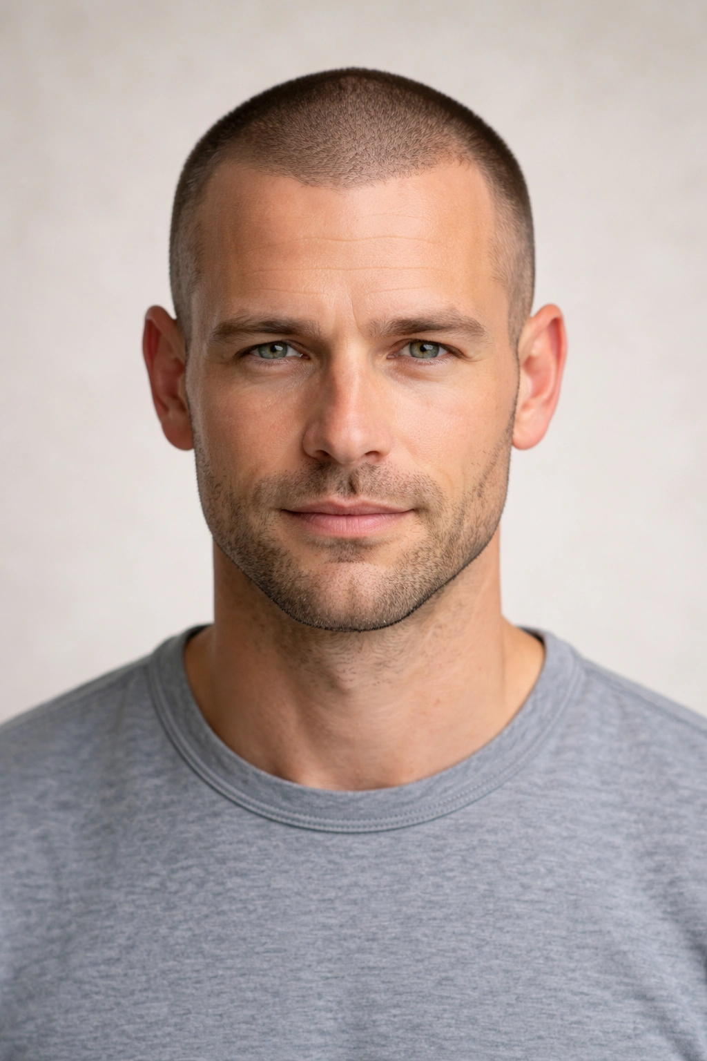 Portrait of a man with The Butch Cut, a uniform short length all over.