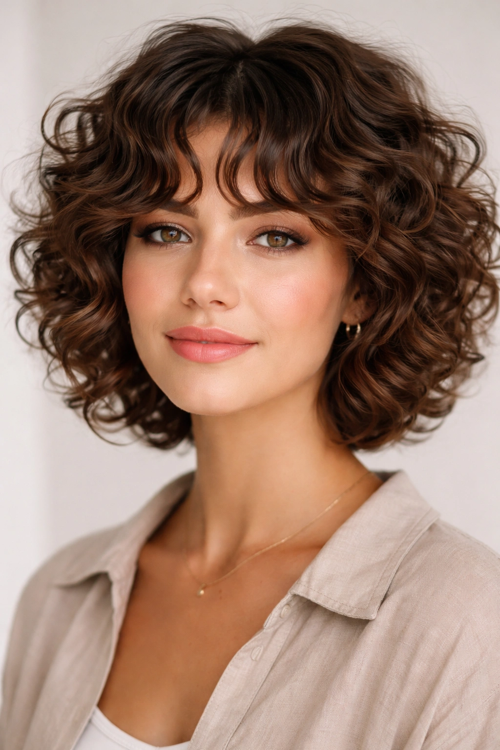Portrait of butterfly bangs on short curly hair with wing-like side pieces