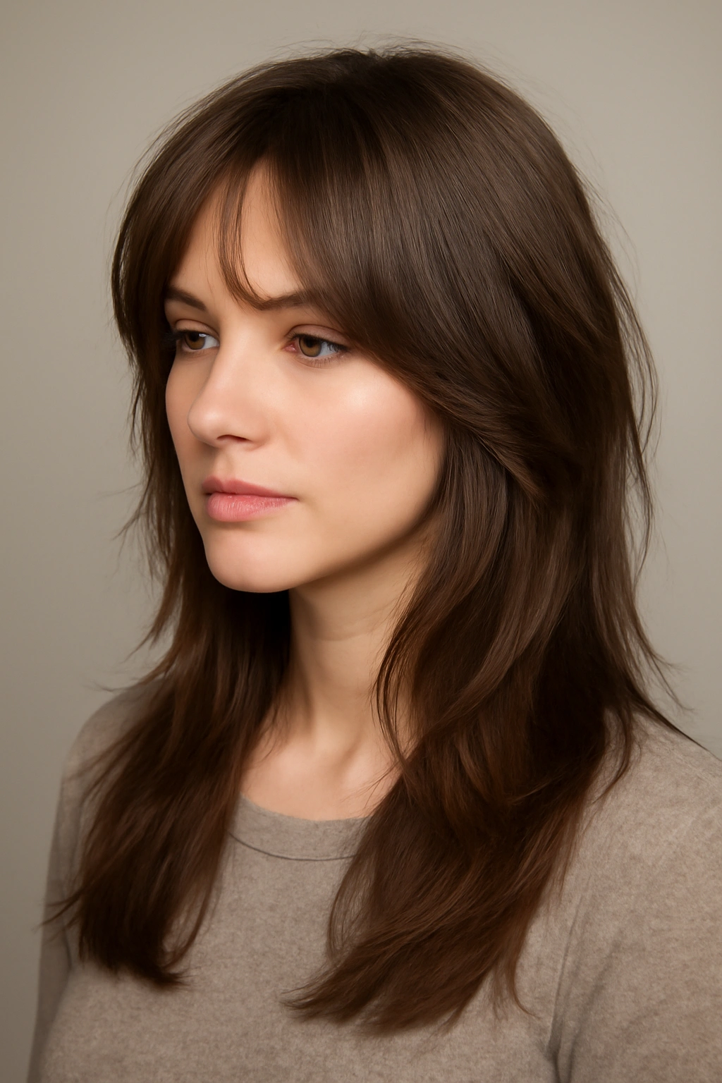 Butterfly bangs with feathered face-framing layers in a head-and-shoulders portrait