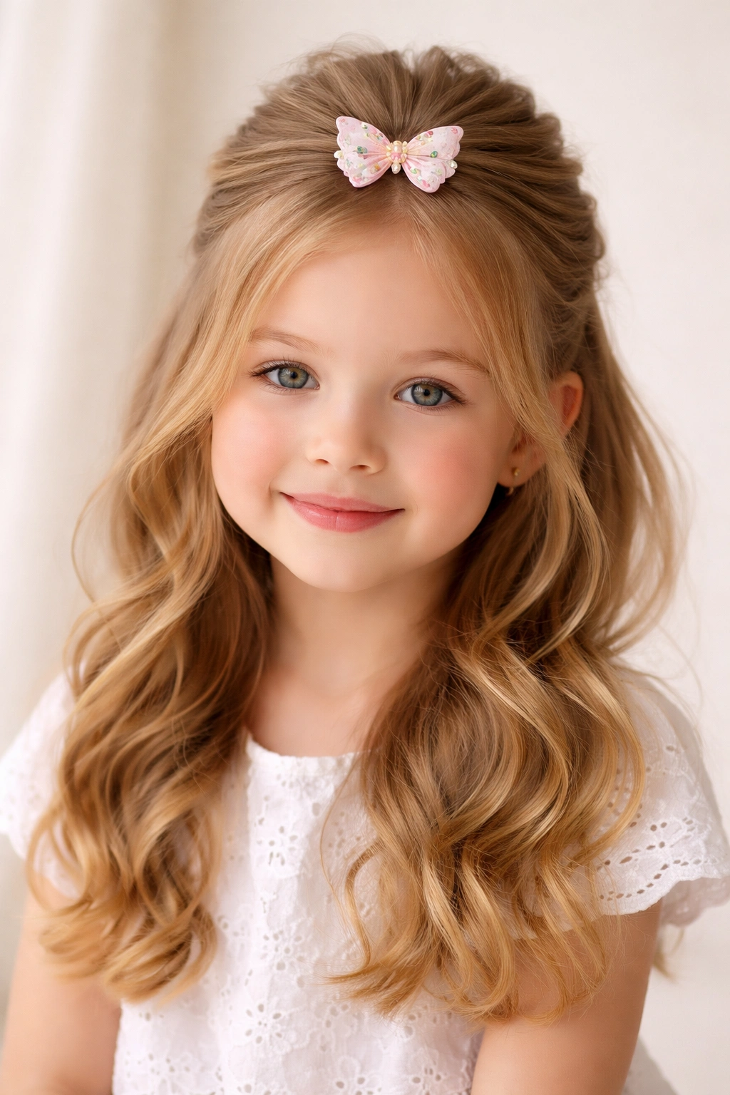 Young girl wearing butterfly bow half-up hairstyle with top gathered and flowing lower hair