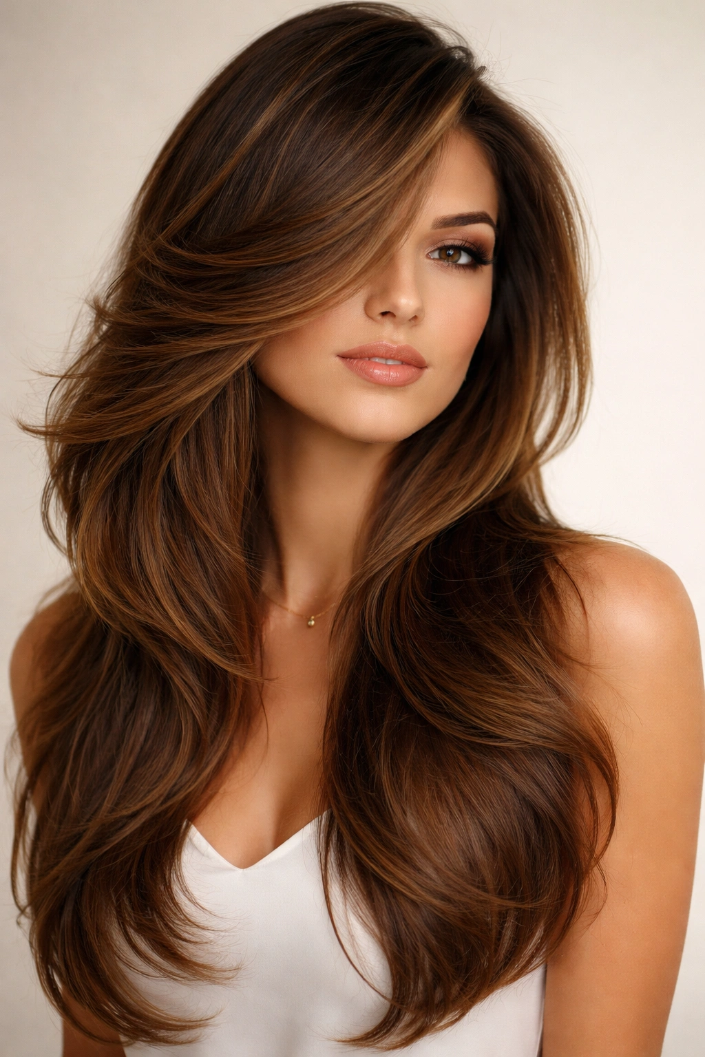 15 Butterfly Haircuts With Flowing Long Layers 8 Profile view of side-swept butterfly layers with diagonal movement