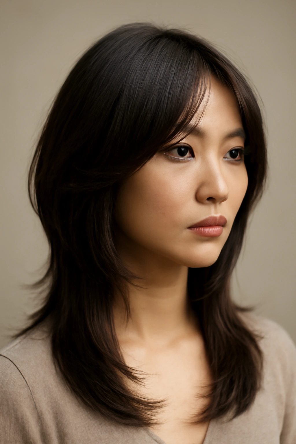 12 Japanese Hairstyles That Are Trending Right Now 7 Close-up of butterfly cut hairstyle with face-framing layers and long back, studio lighting.