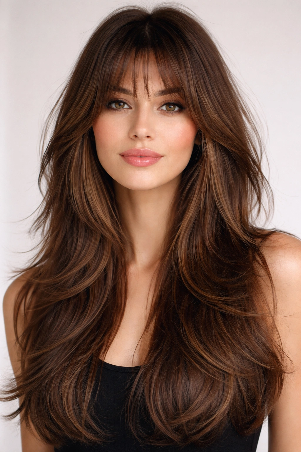 15 Butterfly Haircuts With Flowing Long Layers 14 Front view of layered butterfly cut with textured wispy bangs framing the face