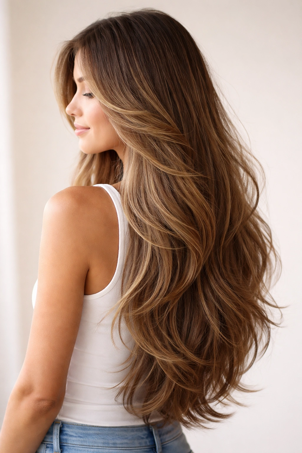 15 Butterfly Haircuts With Flowing Long Layers 15 Side view of long hair with subtle butterfly layers showing natural movement