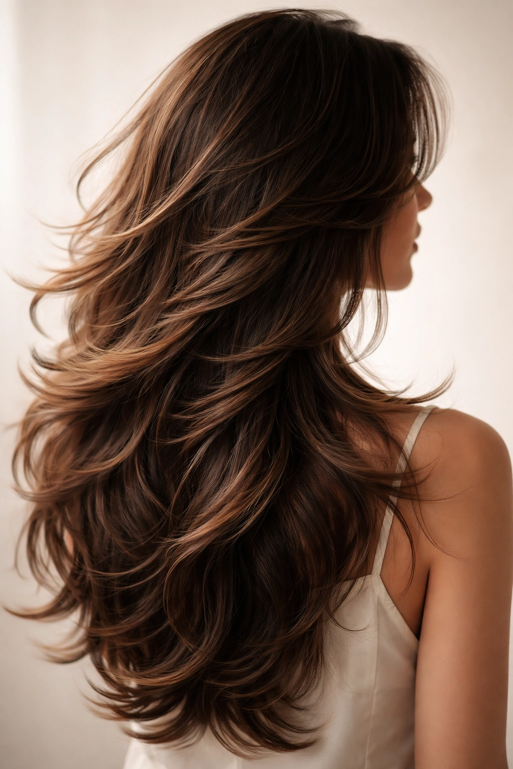 15 Butterfly Haircuts With Flowing Long Layers 16 silhouette of head with flowing butterfly cut layers