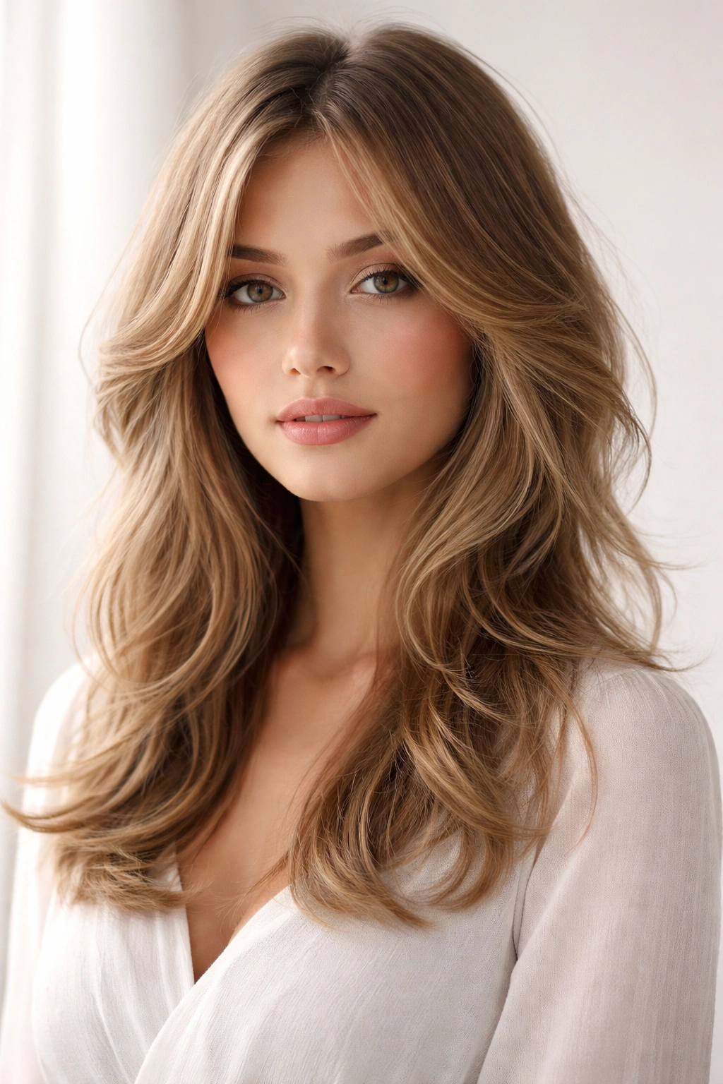12 Butterfly Haircuts For Medium Length Layers 7 Close-up of wispy butterfly cut with delicate face-framing on medium-length hair in soft daylight
