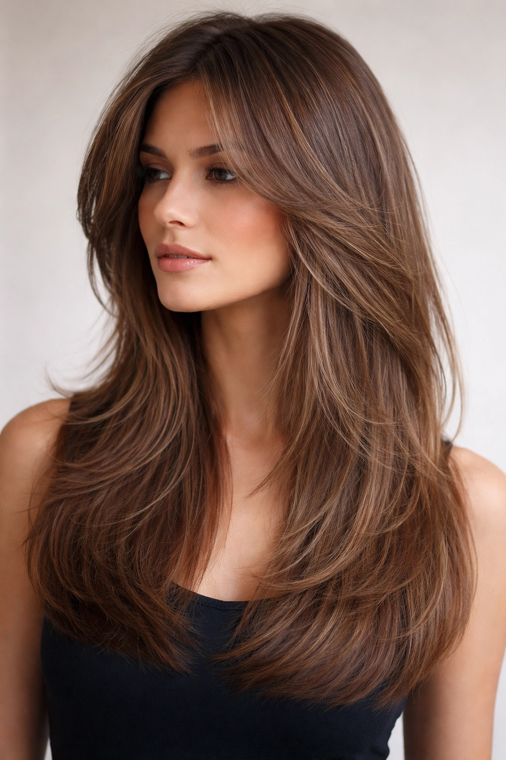 15 Butterfly Haircuts With Flowing Long Layers 7 Close-up of thick blunt perimeter with wispy interior layers in a butterfly haircut