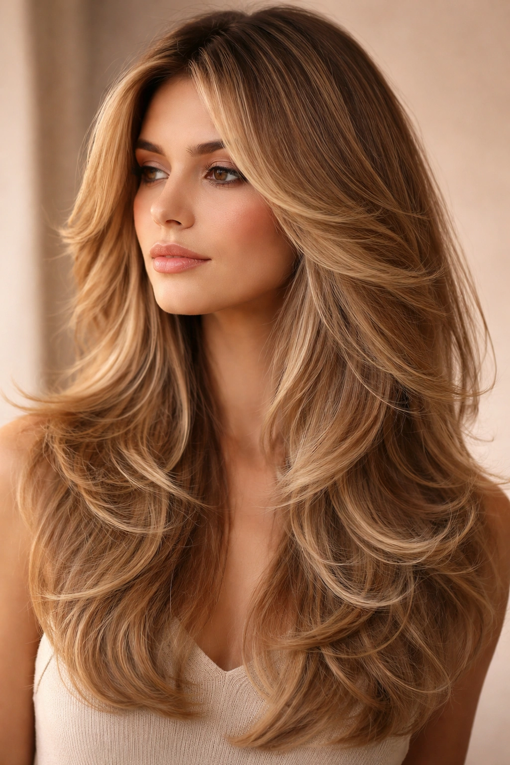 Close-up hair with soft feathered butterfly layers and gentle movement