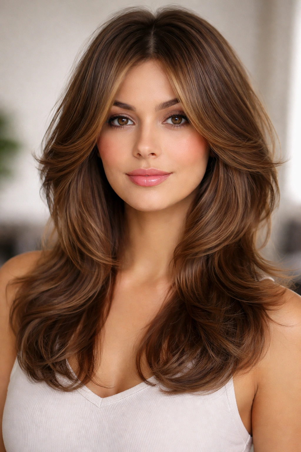 Butterfly haircut with short feathered crown layers and longer underneath on a model
