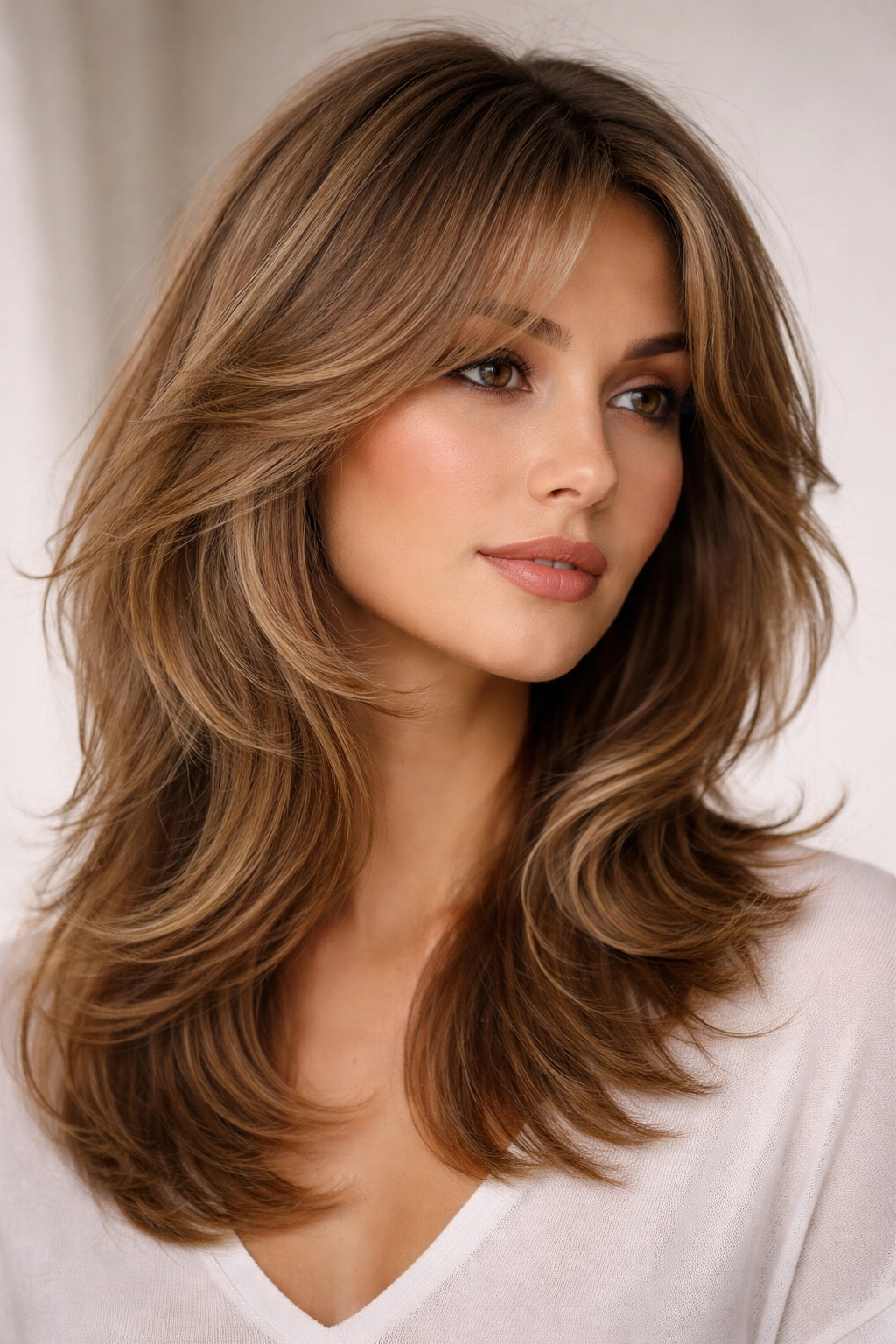 Shoulder-length butterfly haircut with face-framing layers