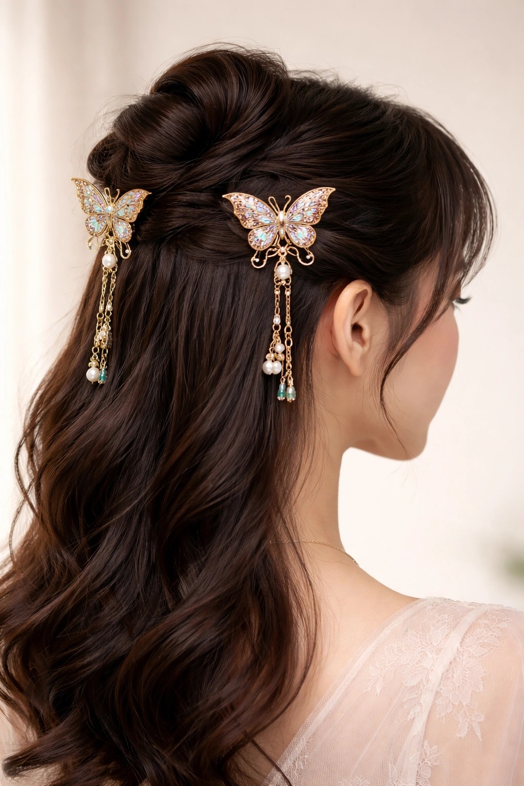 Hair with symmetrical butterfly hairpins holding a half-up bun