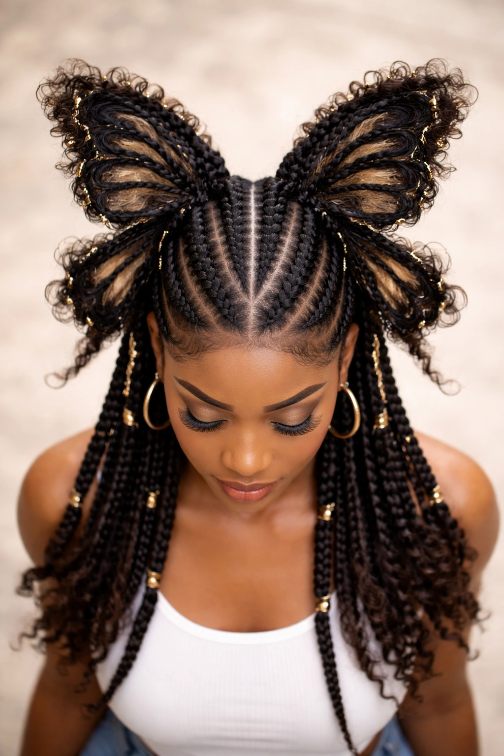 Close-up of butterfly knotless braids with wing-like extensions forming butterfly shapes