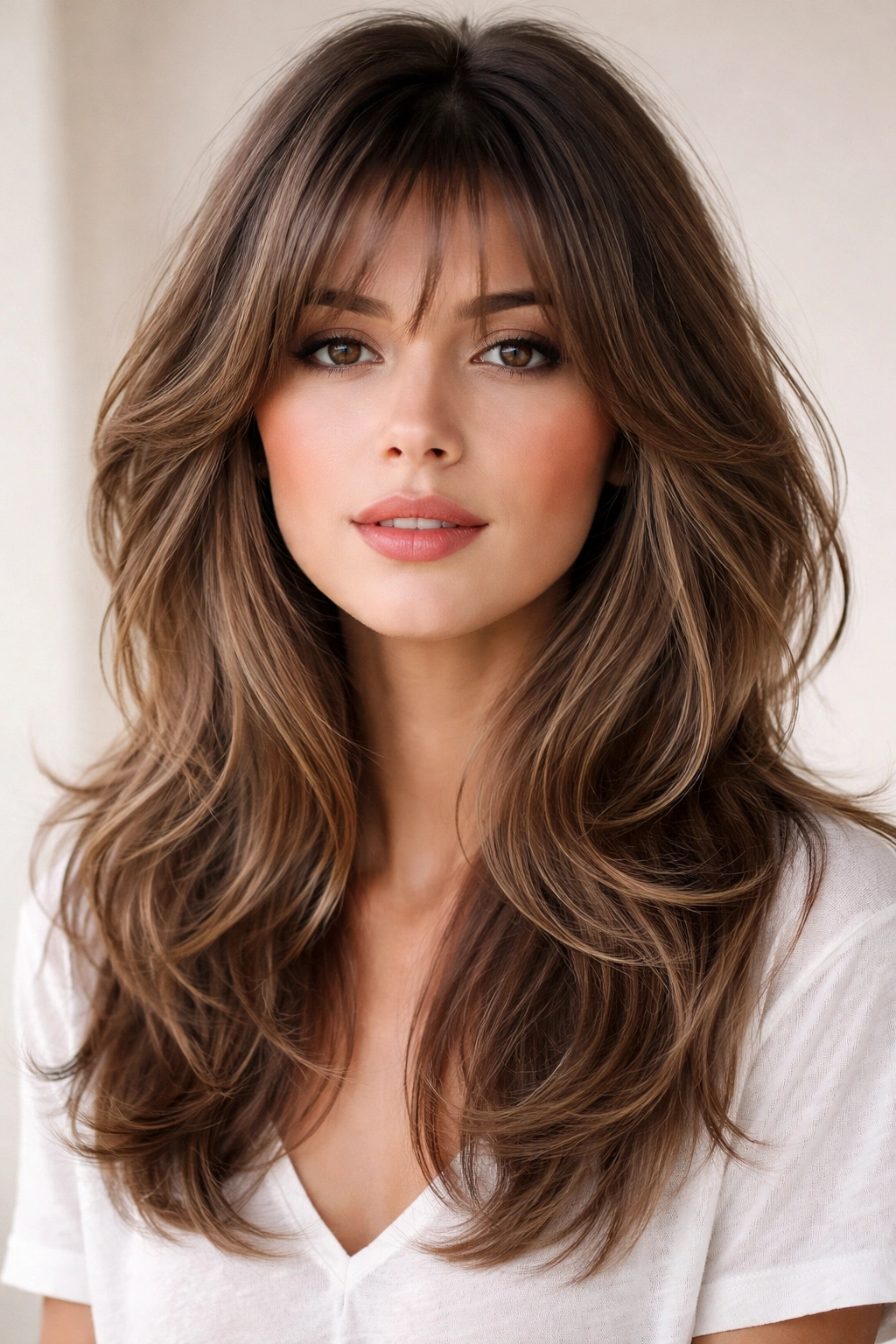 15 Medium Short Haircuts With Bangs That Flatter 12 Head-and-shoulders view of butterfly layers with soft wispy bangs.