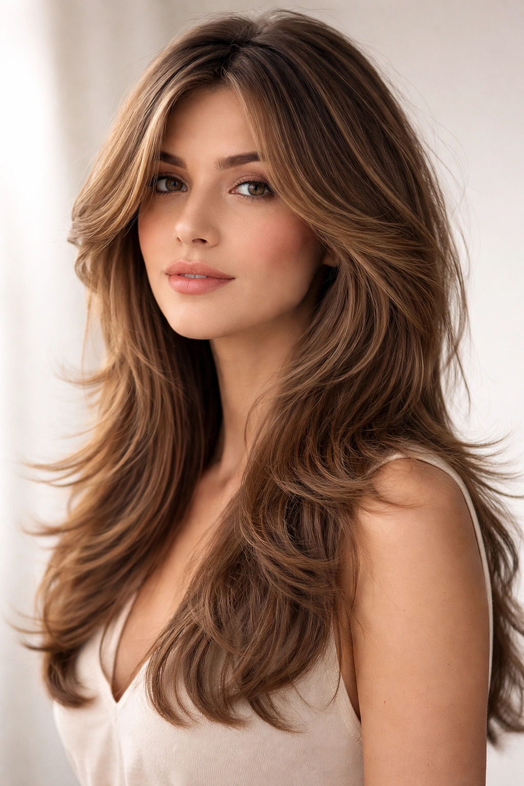 Close-up portrait of model with butterfly layers and subtle feathering