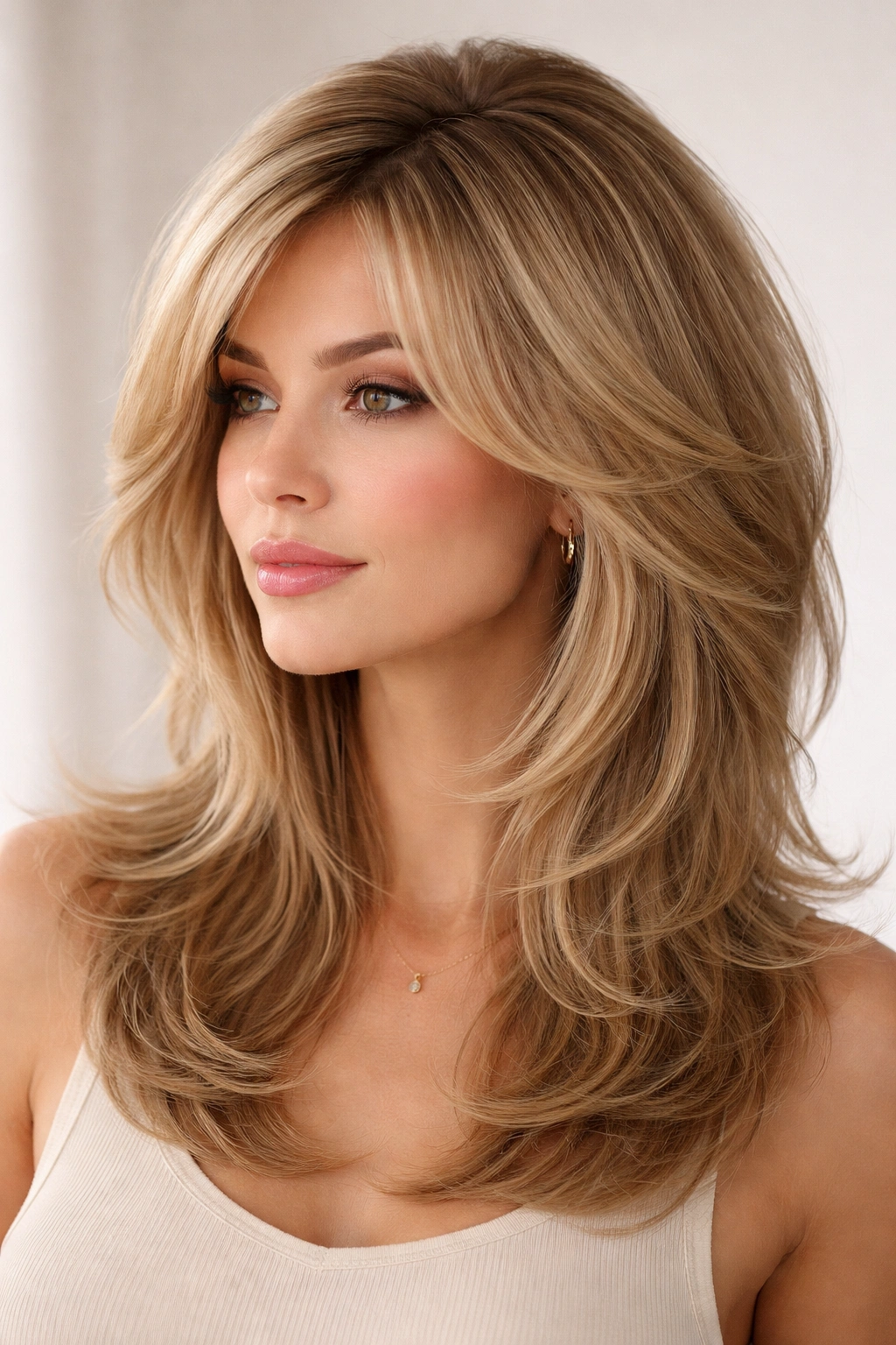Close-up of butterfly layers on fine hair with crown lift and mid-length fullness