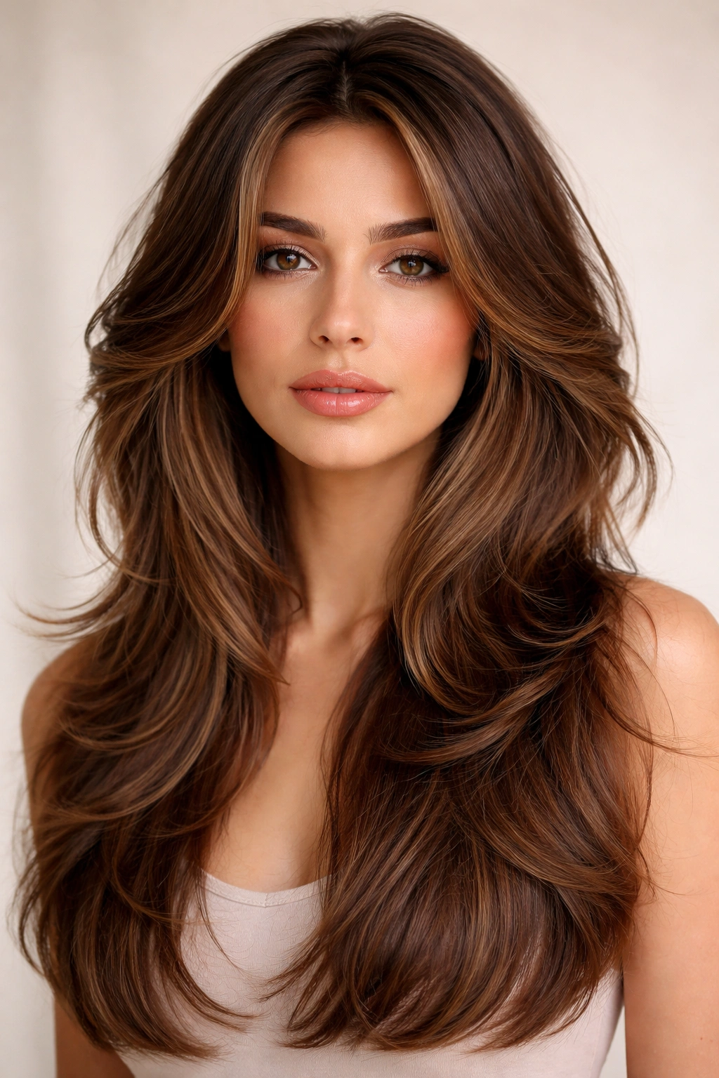 Close-up portrait of butterfly layers hairstyle showing crown feathering and longer bottom layers