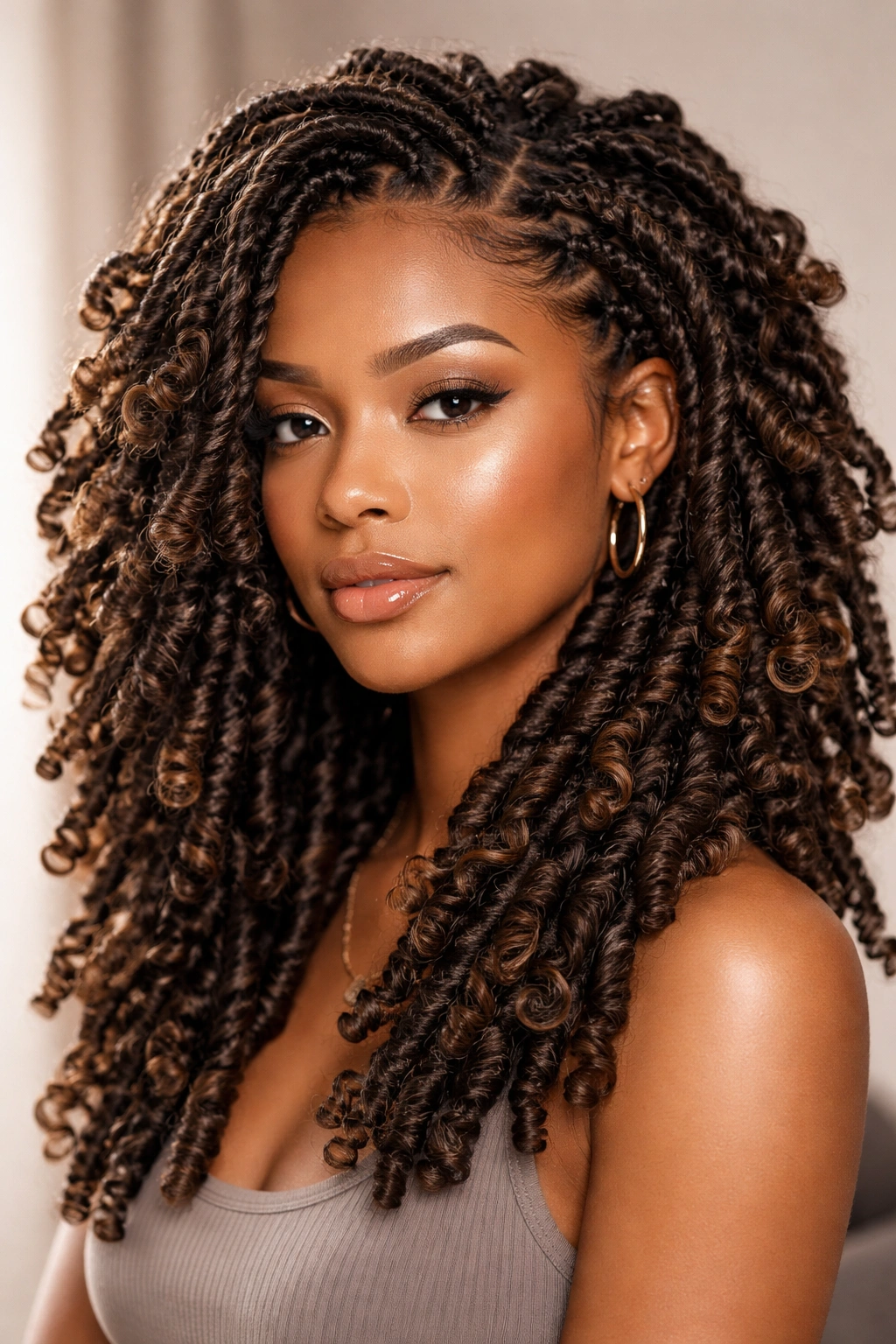 Close-up of butterfly locs with defined curls and voluminous wrap