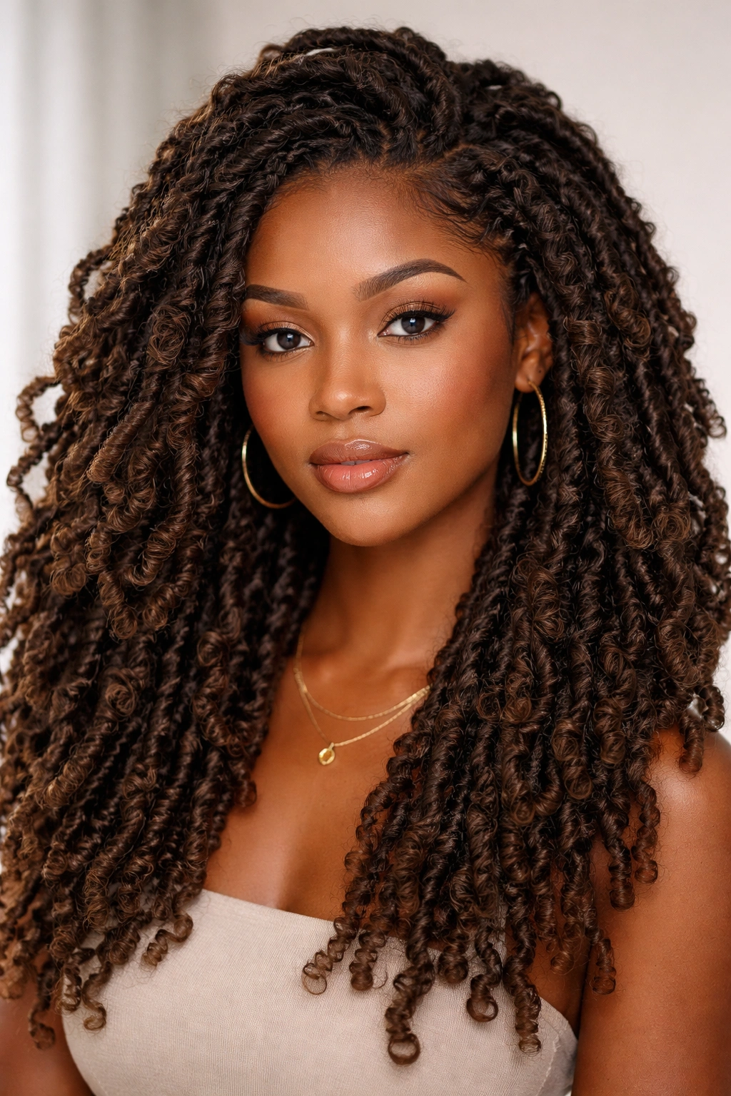 Close-up of butterfly locs with wrapped sections creating voluminous textured locs