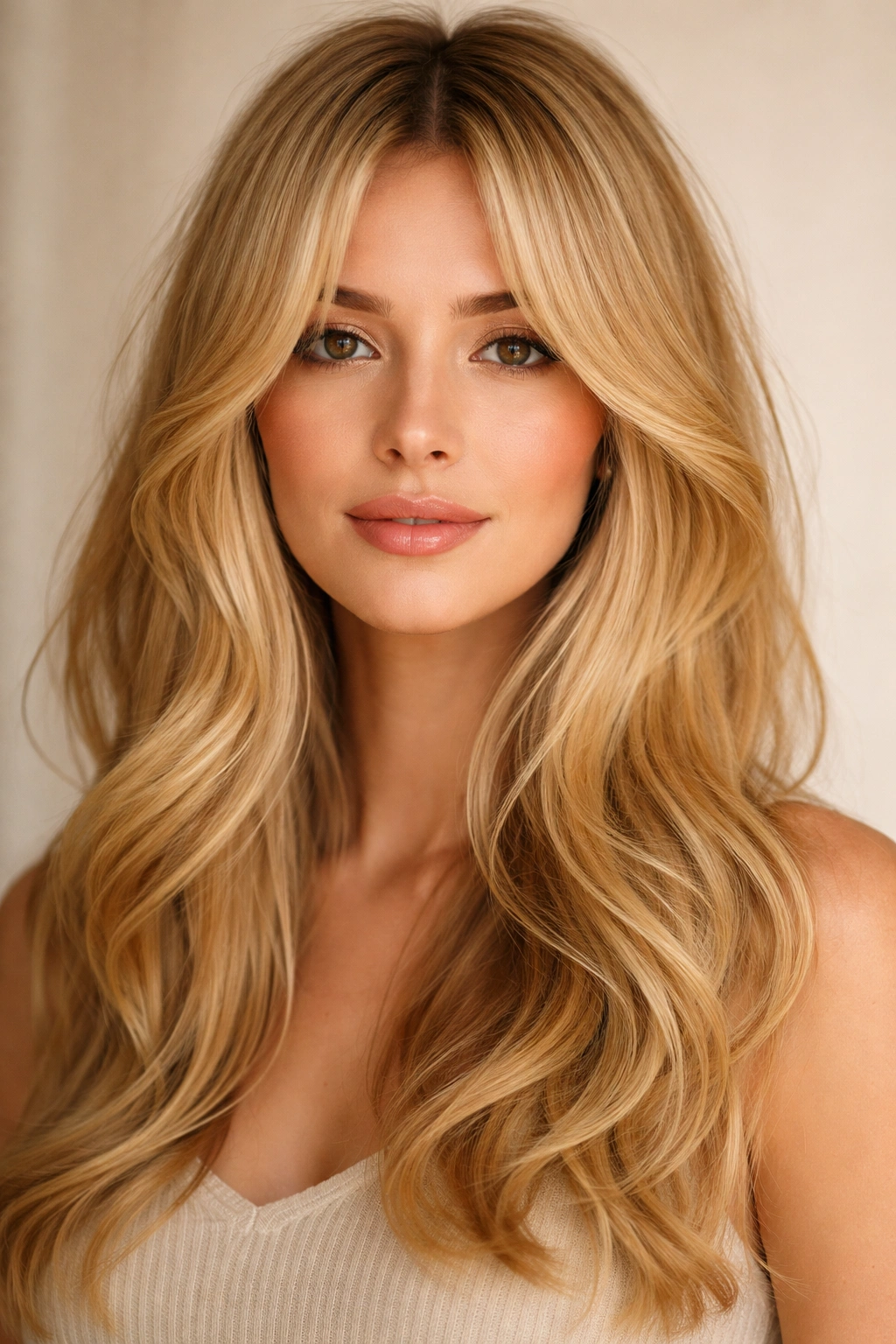 Portrait of buttery blonde hair with curtain bangs