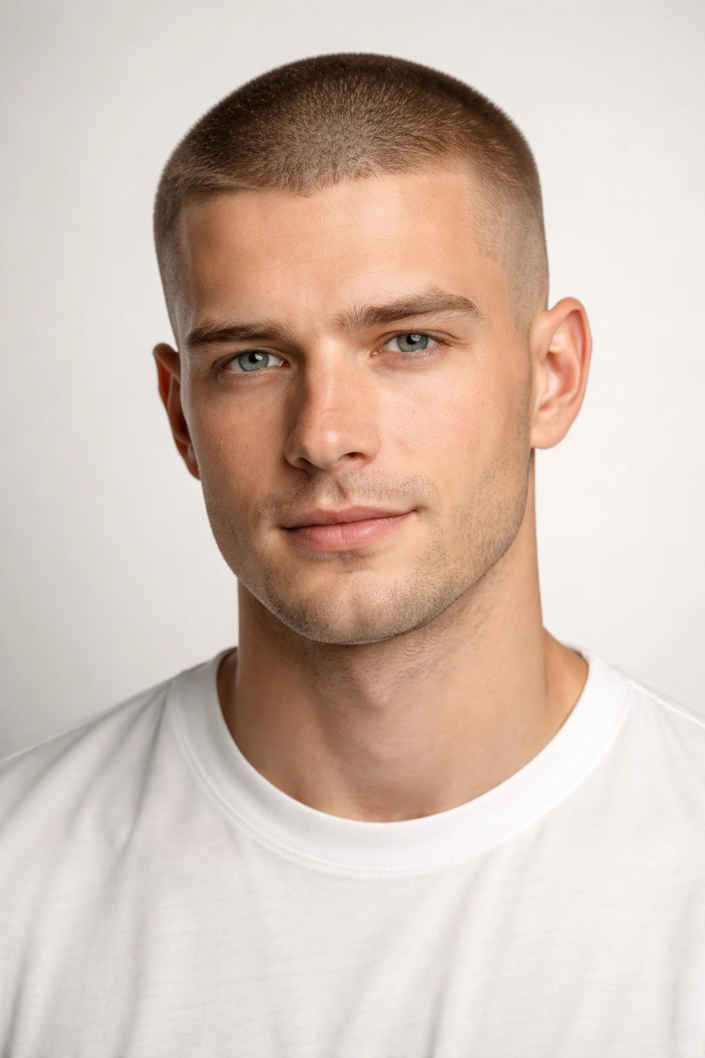 Close-cropped buzz cut hairstyle on a male model