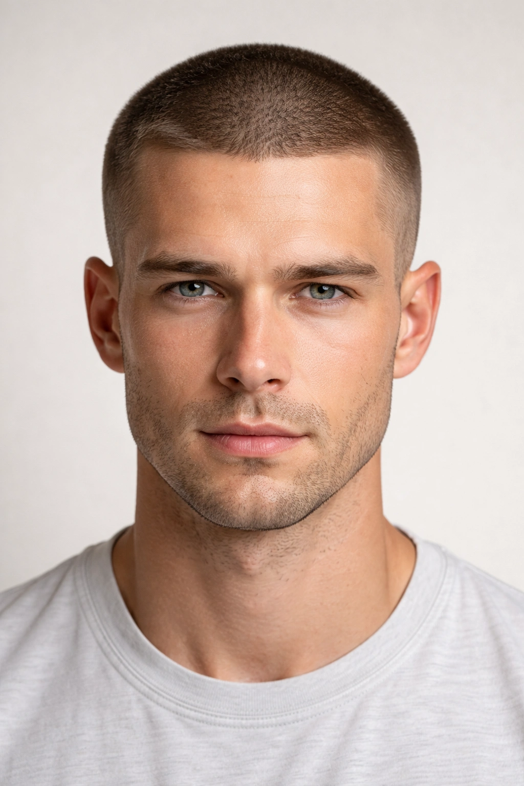 Close-up portrait of a man with a buzz cut, evenly short across the scalp