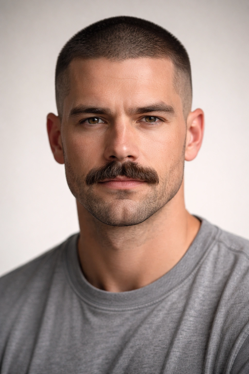 Close-up portrait of a person with a uniform buzz cut and bold chevron mustache.