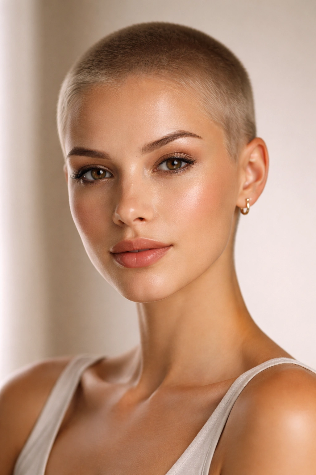 15 Short Haircuts That Look Great On An Oval Face 8 Close-up of a person with an ultra-short buzz cut, highlighting bone structure