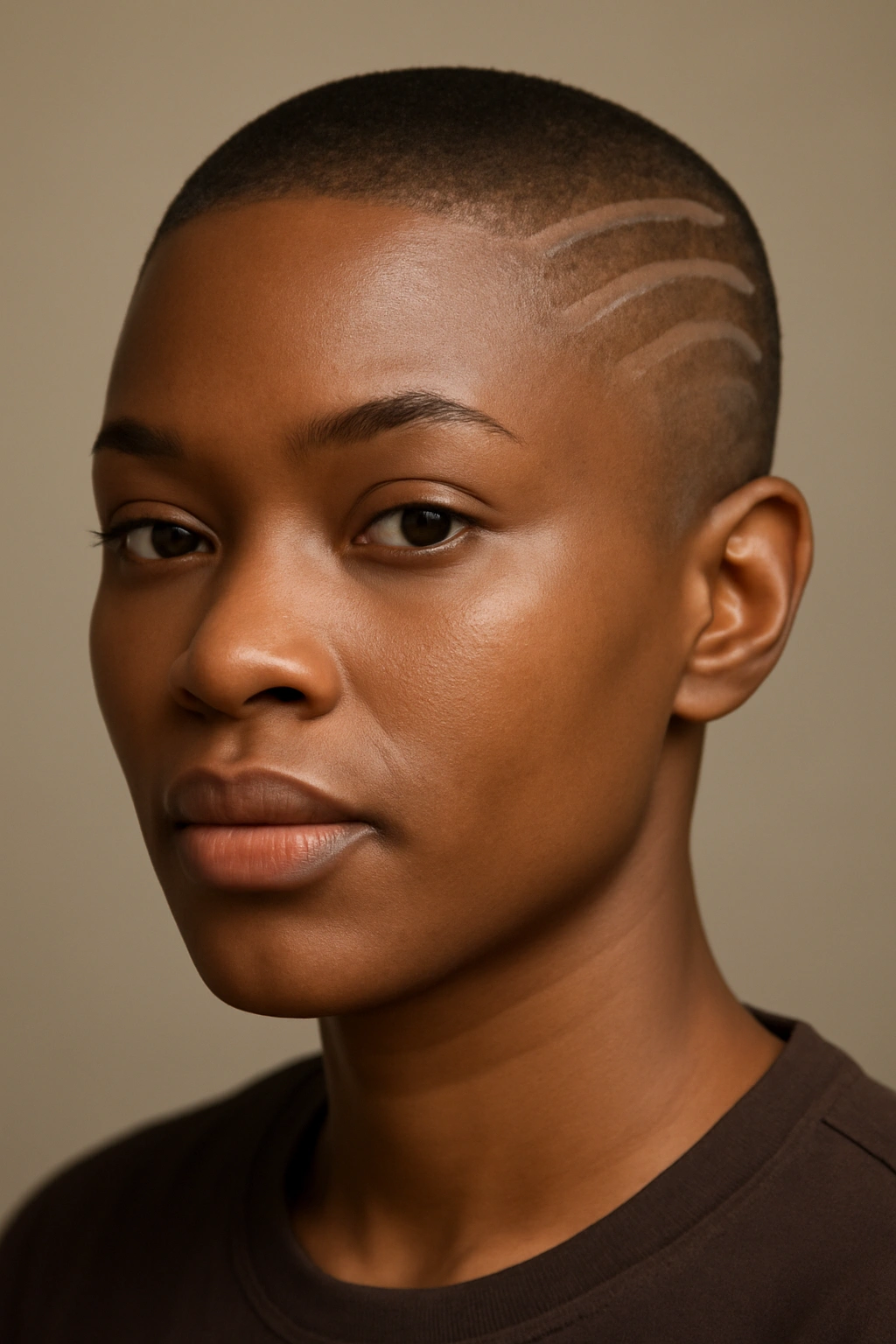 10 Short Haircuts for Black Women With Fine Hair 10 Portrait of a person with a buzz cut and scalp design.