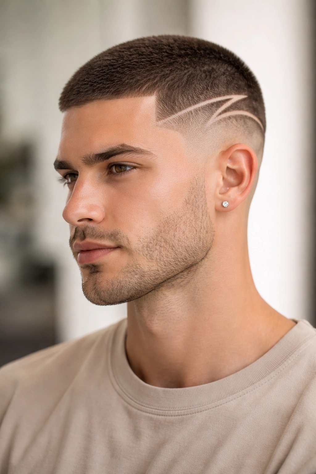 Man with a buzz cut featuring a geometric design in the fade
