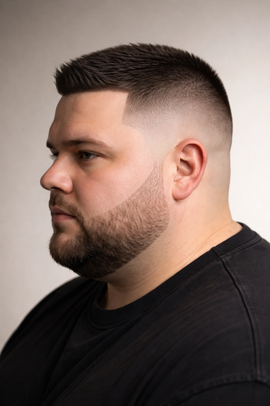 Close-up of a man with a buzz cut and fade showing defined edges