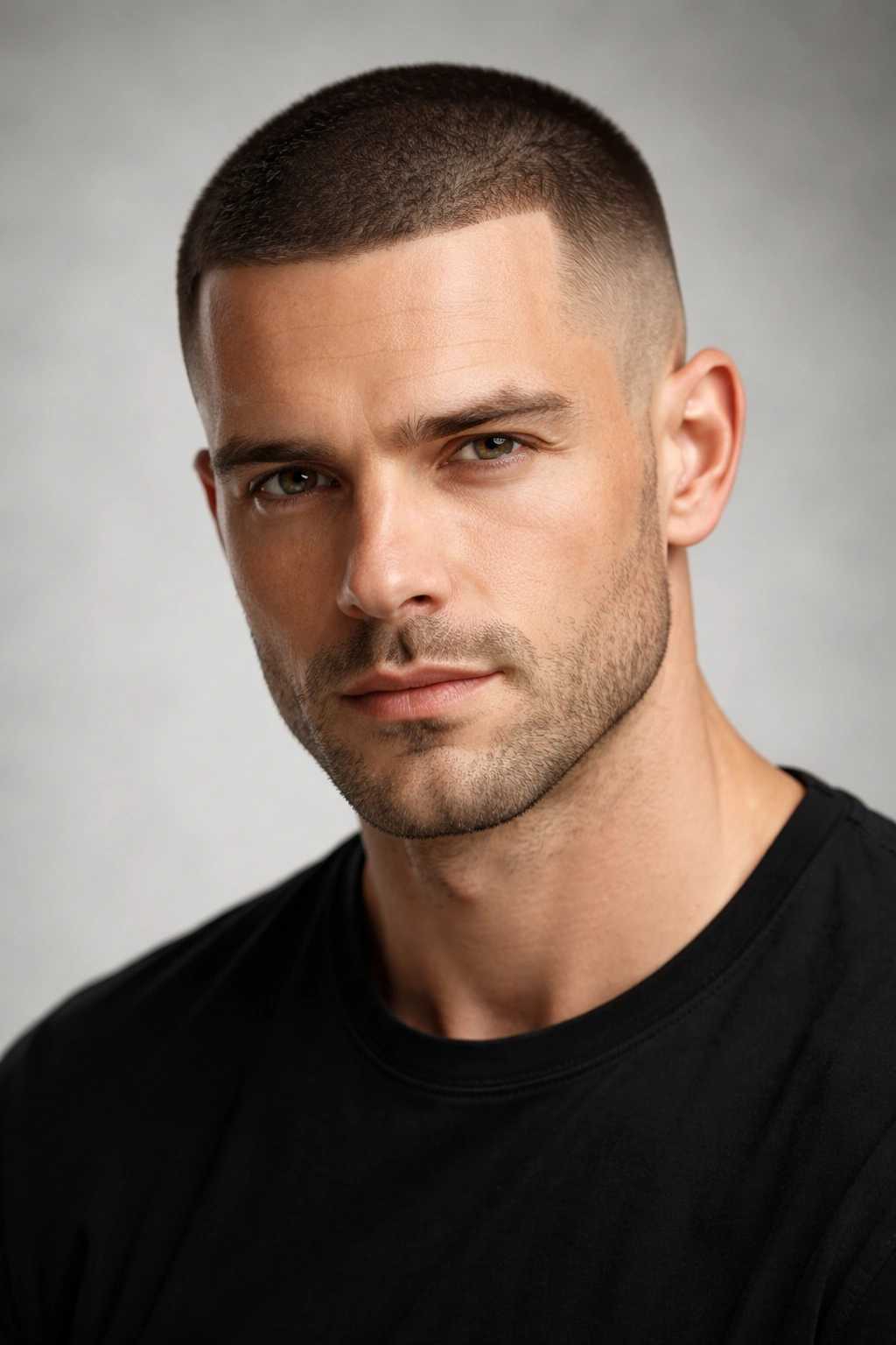 Close-up of man with buzz cut and subtle temple fade showing clean, confident style
