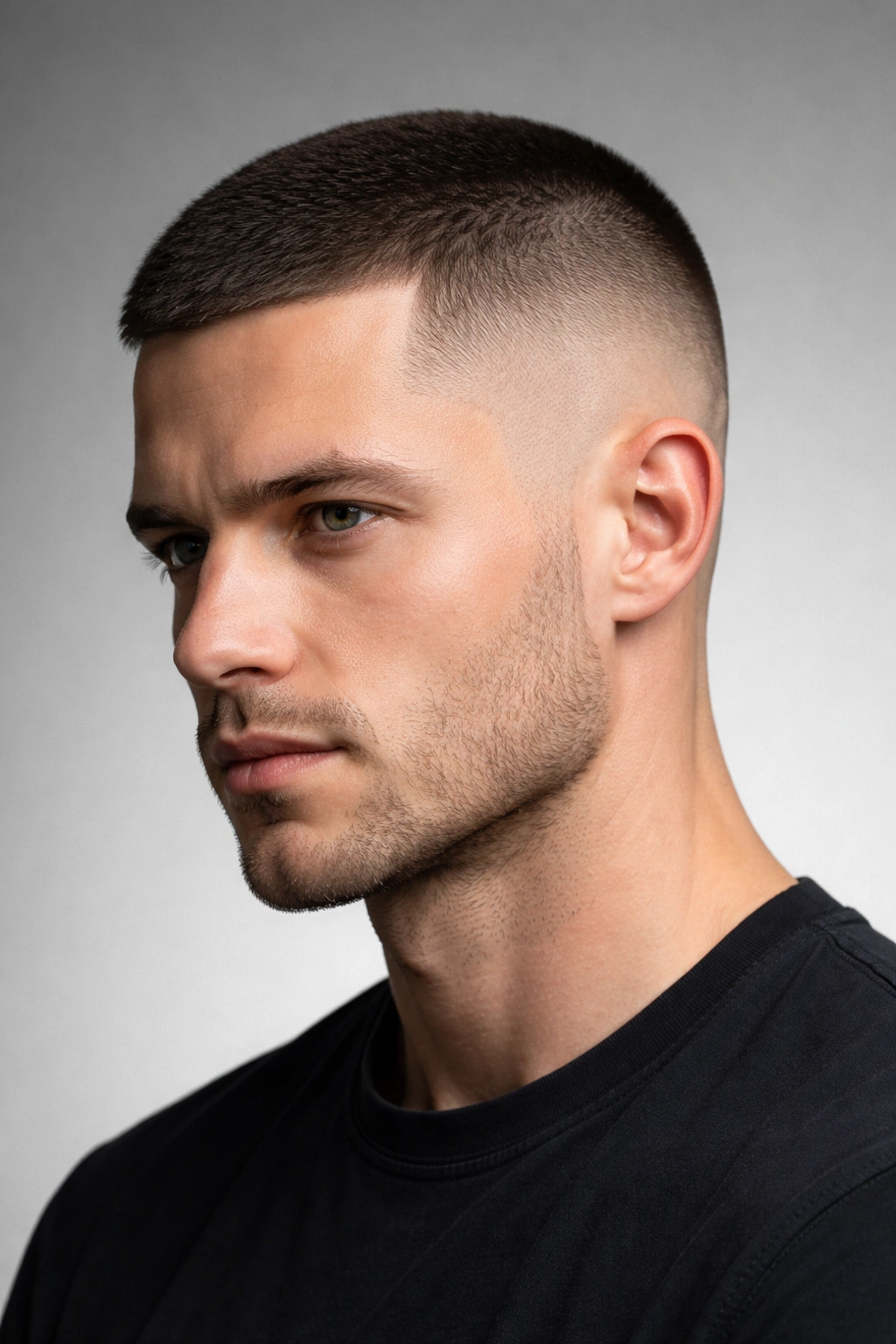 Portrait of a man with a buzz cut and fade showing clean gradient.