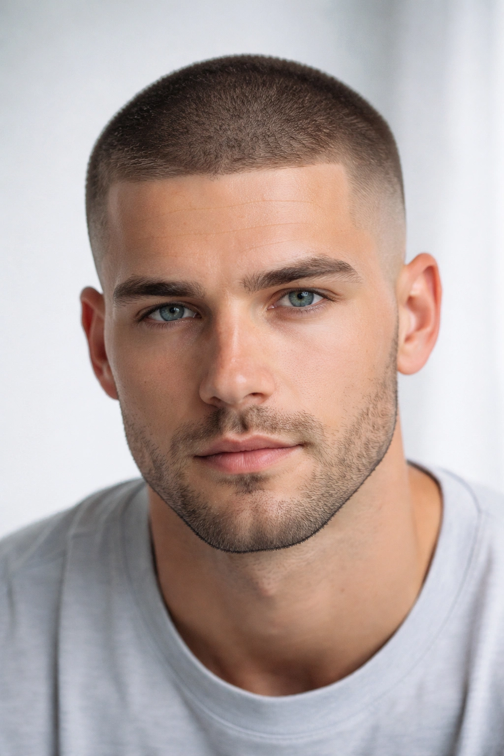 Close-up portrait of a person with a buzz cut and faded sides.