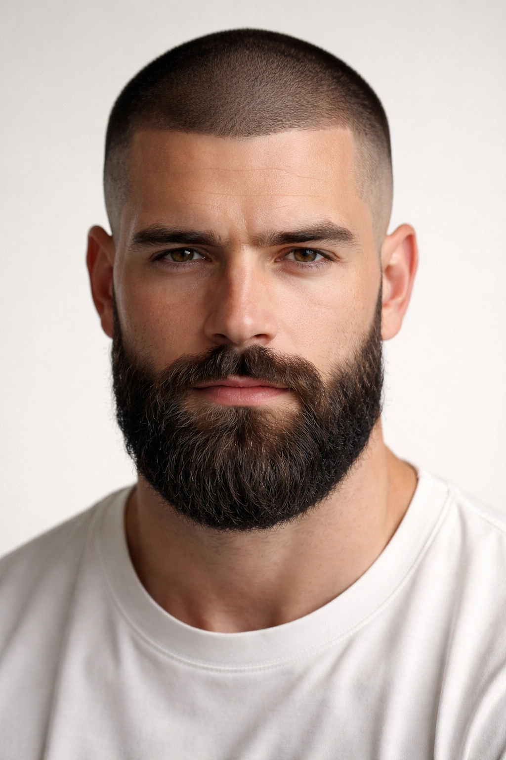 Close-up of buzz cut with full beard showing bold contrast