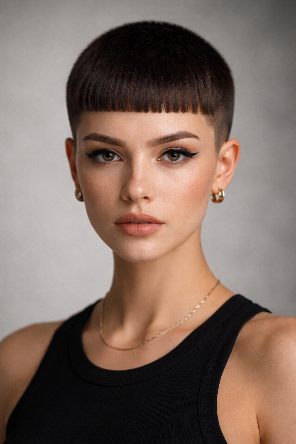 Geometric buzz cut with bangs hairstyle on model; very short sides and blunt bangs.