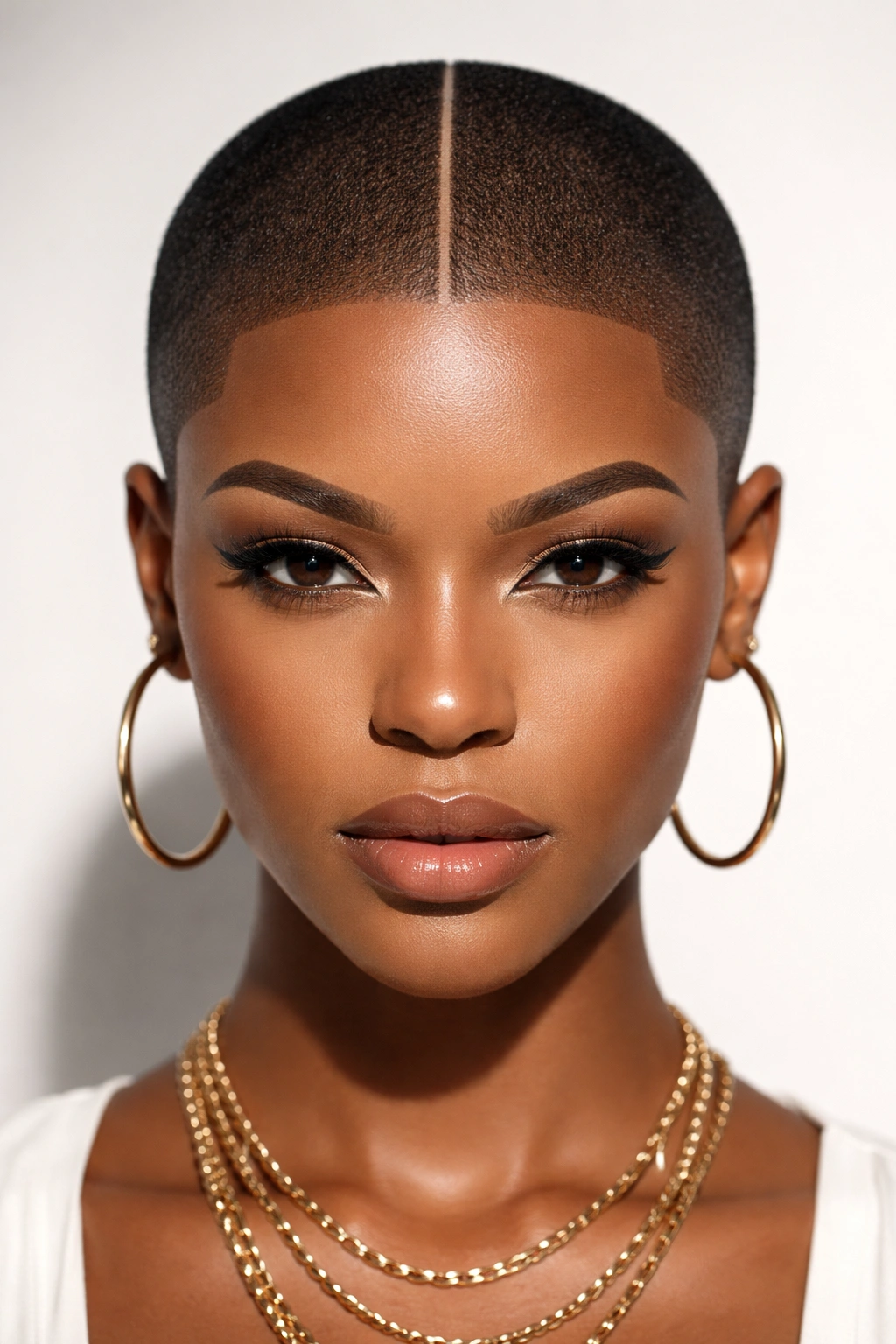 Close-up of a buzz cut with a razor-sharp middle part groove