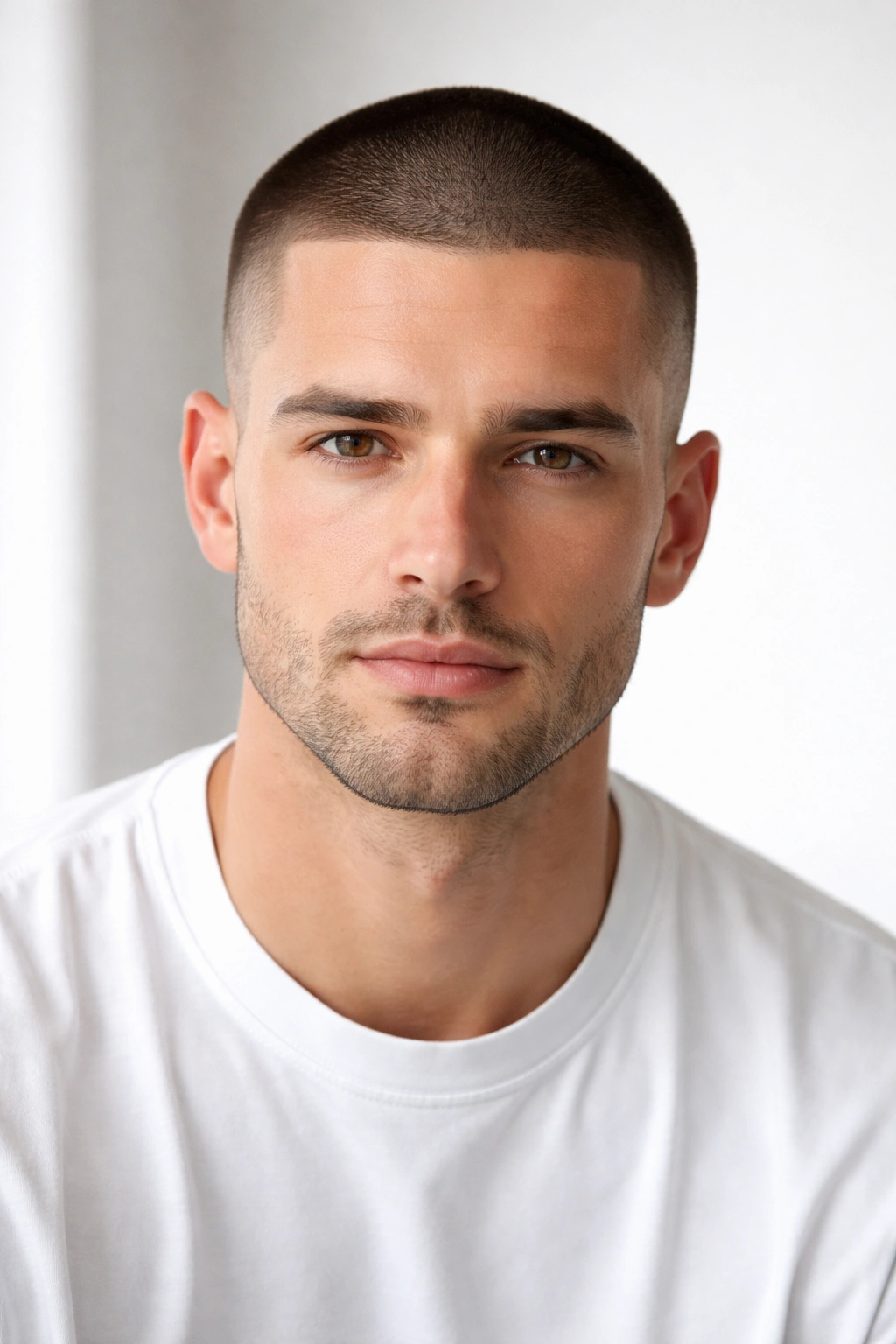 Close-up of a man with a uniform buzz cut all over