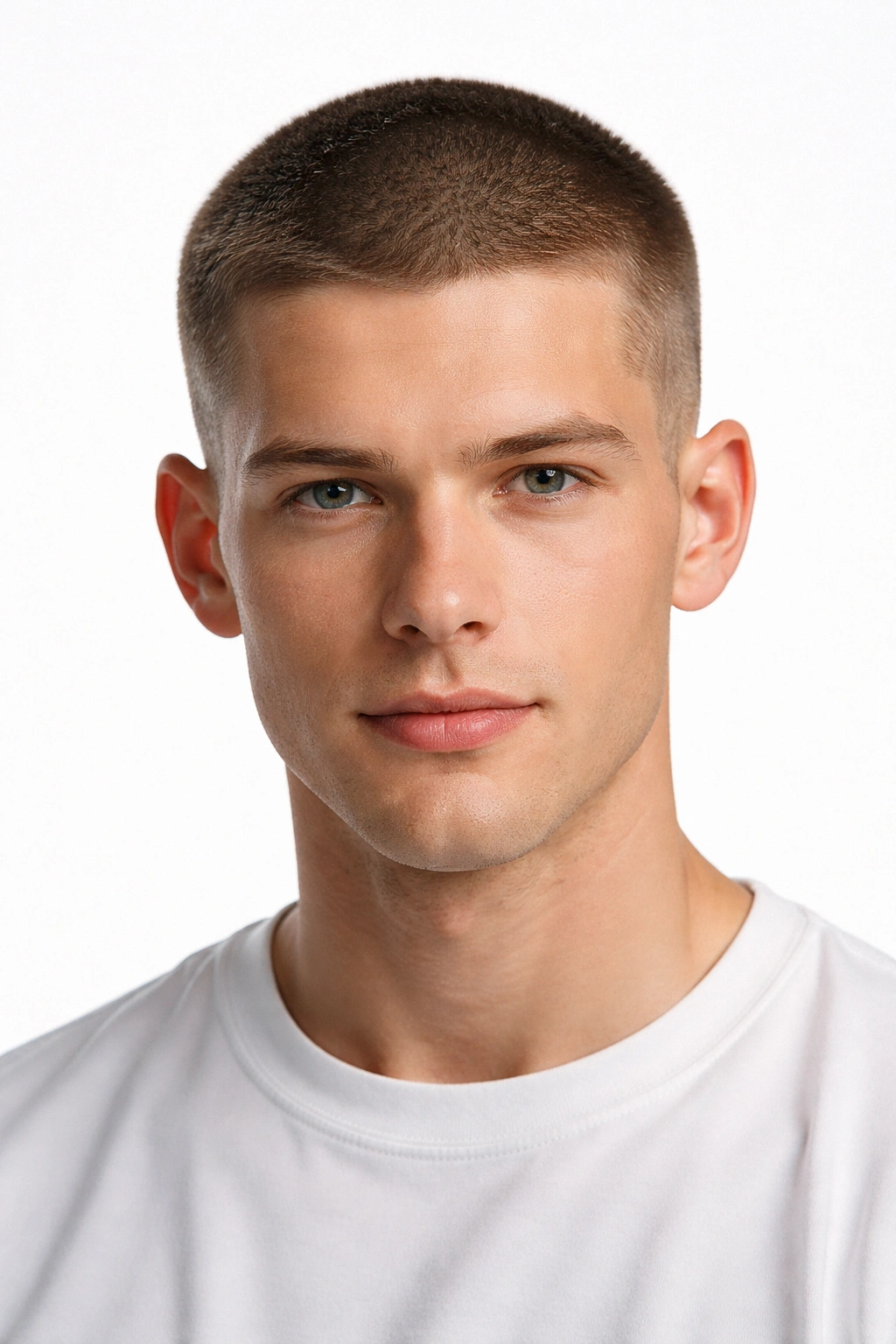 Portrait of a man with a buzz cut showing uniform short hair across the scalp