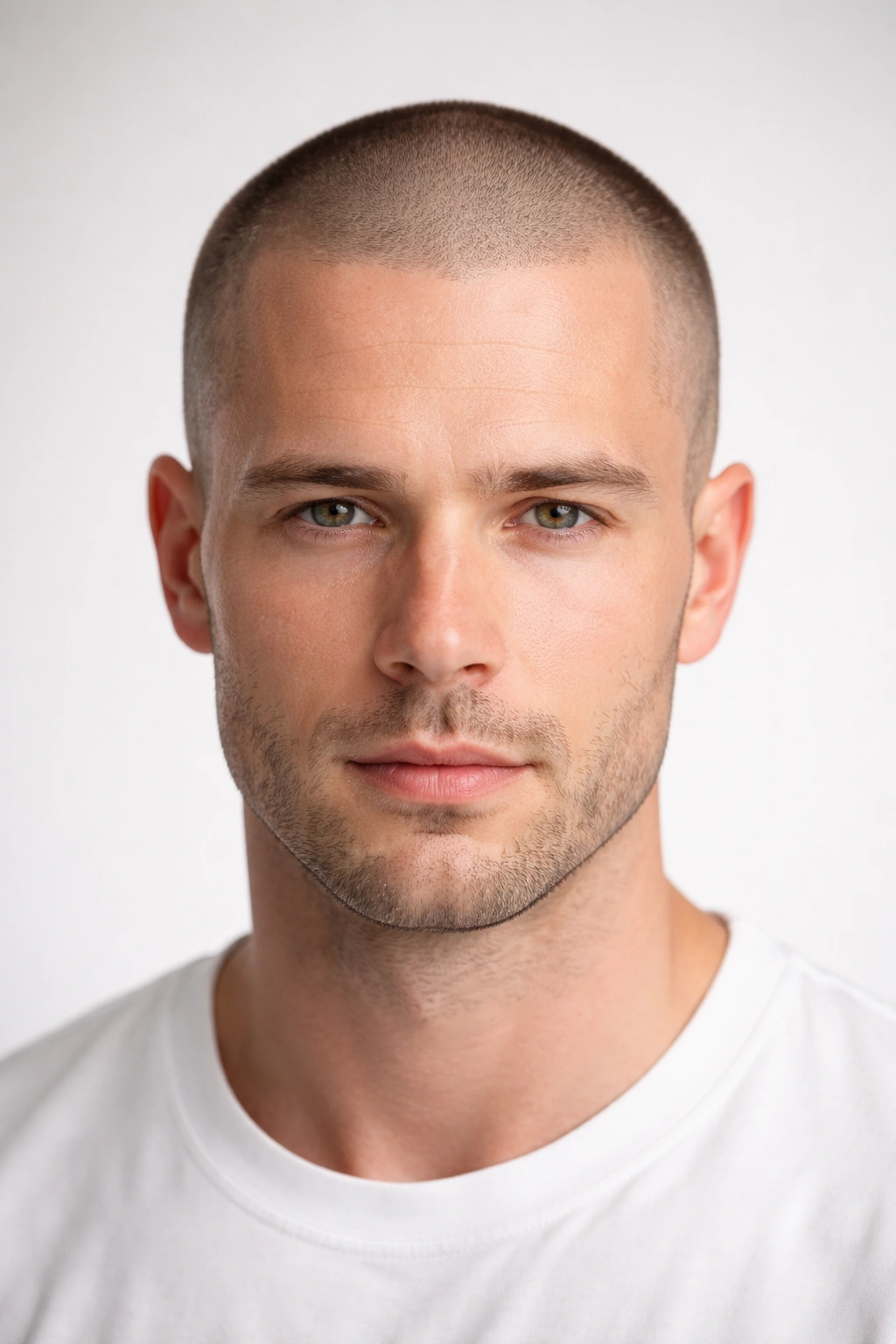 Man with classic buzz cut in studio lighting